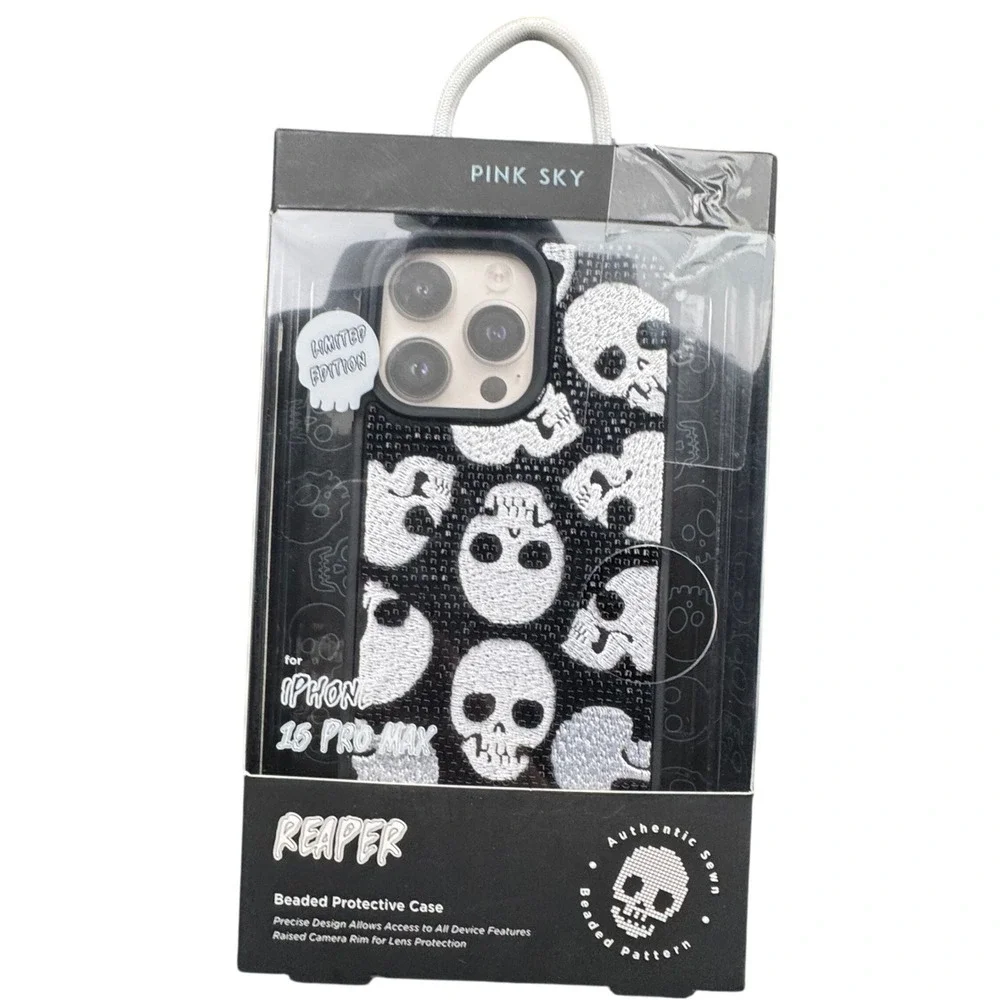 Pink Sky Reaper Beaded Skull iPhone 15 Pro Max Case Black White Limited Edition
